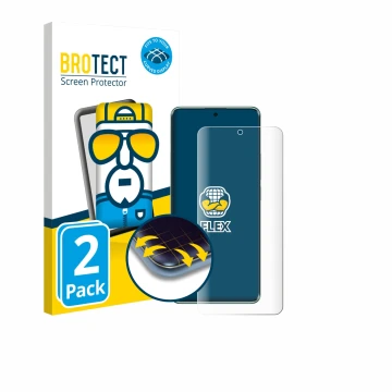 Face avant d’un emballage produit avec le logo de la marque BROTECT. À côté, l’appareil Xiaomi Redmi Note 14 Pro 5G est représ