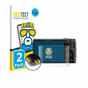 Face avant d’un emballage produit avec le logo de la marque BROTECT. À côté, l’appareil Ricoh GR IV HDF 2025 est représenté av