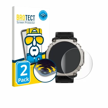 Face avant d’un emballage produit avec le logo de la marque BROTECT. À côté, l’appareil Huami Amazfit T-Rex Ultra 2 est représ