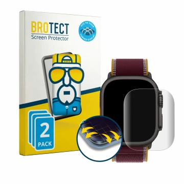 Face avant d’un emballage produit avec le logo de la marque BROTECT. À côté, l’appareil Apple Watch Ultra 4 (49 mm) est représ