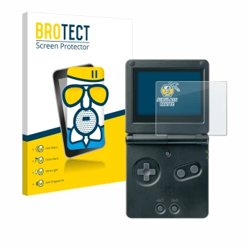 Face avant d’un emballage produit avec le logo de la marque BROTECT. À côté, l’appareil Nintendo Gameboy Advance GBA SP est re