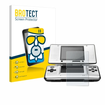 Face avant d’un emballage produit avec le logo de la marque BROTECT. À côté, l’appareil Nintendo DS est représenté avec la pro