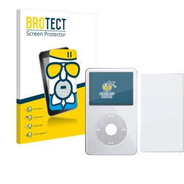 Face avant d’un emballage produit avec le logo de la marque BROTECT. À côté, l’appareil Apple iPod Classic Video (Avant+Arrièr