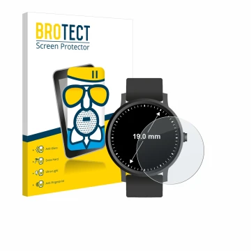Face avant d’un emballage produit avec le logo de la marque BROTECT. À côté, l’appareil Montres (Circulaire, ø: 19 mm) est rep