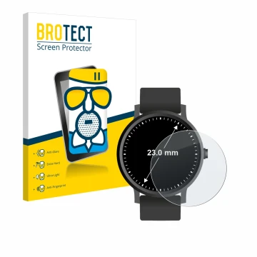 Face avant d’un emballage produit avec le logo de la marque BROTECT. À côté, l’appareil Montres (Circulaire, ø: 23 mm) est rep