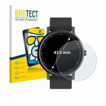 Face avant d’un emballage produit avec le logo de la marque BROTECT. À côté, l’appareil Montres (Circulaire, ø: 43 mm) est rep