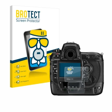 Face avant d’un emballage produit avec le logo de la marque BROTECT. À côté, l’appareil Nikon D3 est représenté avec la protec