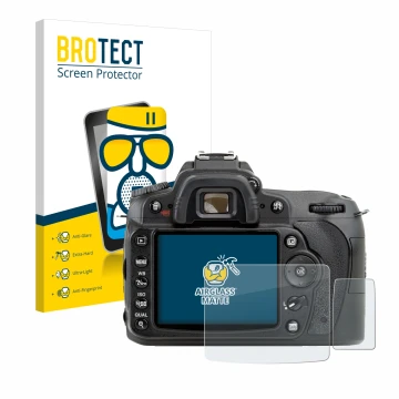 Face avant d’un emballage produit avec le logo de la marque BROTECT. À côté, l’appareil Nikon D90 est représenté avec la prote
