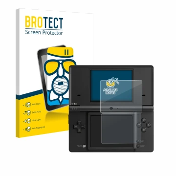 Face avant d’un emballage produit avec le logo de la marque BROTECT. À côté, l’appareil Nintendo DSi est représenté avec la pr