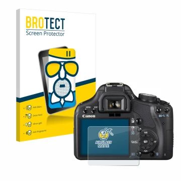 Face avant d’un emballage produit avec le logo de la marque BROTECT. À côté, l’appareil Canon EOS 500D est représenté avec la 