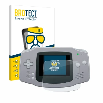 Face avant d’un emballage produit avec le logo de la marque BROTECT. À côté, l’appareil Nintendo Gameboy Advance GBA est repré
