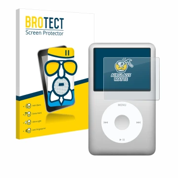 Face avant d’un emballage produit avec le logo de la marque BROTECT. À côté, l’appareil Apple iPod classic 160 GB (7ème Gen.) 