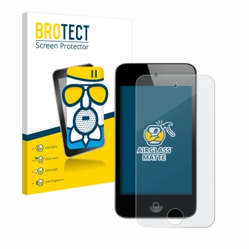 Face avant d’un emballage produit avec le logo de la marque BROTECT. À côté, l’appareil Apple iPod Touch (4ème Gen.) est repré