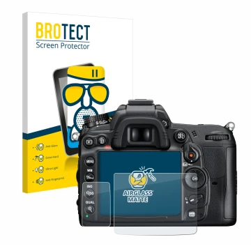 Face avant d’un emballage produit avec le logo de la marque BROTECT. À côté, l’appareil Nikon D7000 est représenté avec la pro