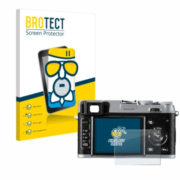 Face avant d’un emballage produit avec le logo de la marque BROTECT. À côté, l’appareil Fujifilm FinePix X100 est représenté a