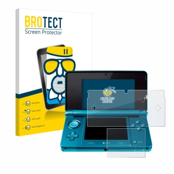 Face avant d’un emballage produit avec le logo de la marque BROTECT. À côté, l’appareil Nintendo 3DS est représenté avec la pr