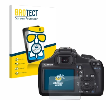 Face avant d’un emballage produit avec le logo de la marque BROTECT. À côté, l’appareil Canon EOS 1100D est représenté avec la