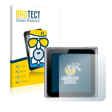 Face avant d’un emballage produit avec le logo de la marque BROTECT. À côté, l’appareil Apple iPod nano 2011 (6ème Gen.) est r