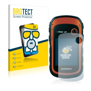 Face avant d’un emballage produit avec le logo de la marque BROTECT. À côté, l’appareil Garmin eTrex 20 est représenté avec la