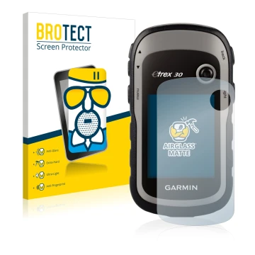 Face avant d’un emballage produit avec le logo de la marque BROTECT. À côté, l’appareil Garmin eTrex 30 est représenté avec la