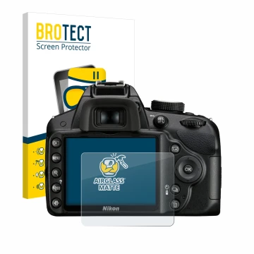 Face avant d’un emballage produit avec le logo de la marque BROTECT. À côté, l’appareil Nikon D3200 est représenté avec la pro