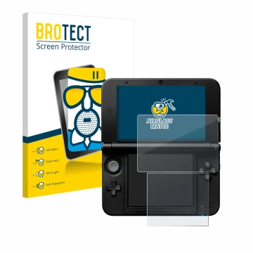 Face avant d’un emballage produit avec le logo de la marque BROTECT. À côté, l’appareil Nintendo 3DS XL SPM7800 est représenté