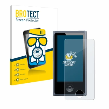 Face avant d’un emballage produit avec le logo de la marque BROTECT. À côté, l’appareil Apple iPod nano 2012 (7ème Gen.) est r