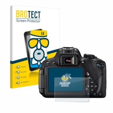 Face avant d’un emballage produit avec le logo de la marque BROTECT. À côté, l’appareil Canon EOS 700D est représenté avec la 
