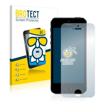 Face avant d’un emballage produit avec le logo de la marque BROTECT. À côté, l’appareil Apple iPhone 5S est représenté avec la