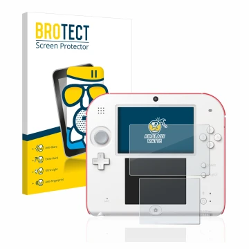 Face avant d’un emballage produit avec le logo de la marque BROTECT. À côté, l’appareil Nintendo 2DS est représenté avec la pr