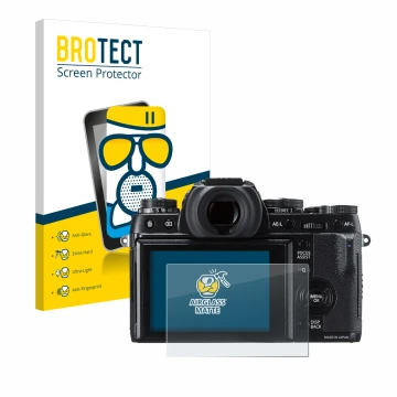 Face avant d’un emballage produit avec le logo de la marque BROTECT. À côté, l’appareil Fujifilm X-T1 est représenté avec la p
