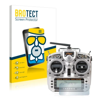 Face avant d’un emballage produit avec le logo de la marque BROTECT. À côté, l’appareil FrSky Taranis X9D est représenté avec 