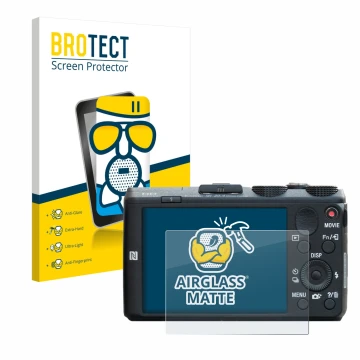 Face avant d’un emballage produit avec le logo de la marque BROTECT. À côté, l’appareil Sony Cyber-Shot DSC-HX60 est représent