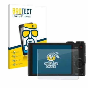 Face avant d’un emballage produit avec le logo de la marque BROTECT. À côté, l’appareil Sony Cyber-Shot DSC-WX350 est représen
