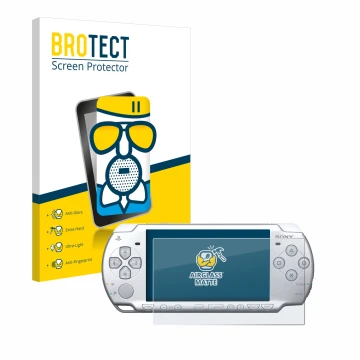Face avant d’un emballage produit avec le logo de la marque BROTECT. À côté, l’appareil Sony PSP 2004 est représenté avec la p