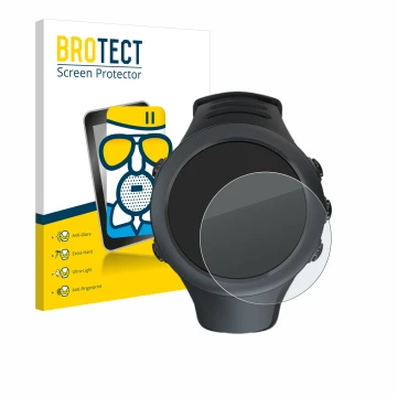 Face avant d’un emballage produit avec le logo de la marque BROTECT. À côté, l’appareil Suunto Ambit3 Sport Black est représen