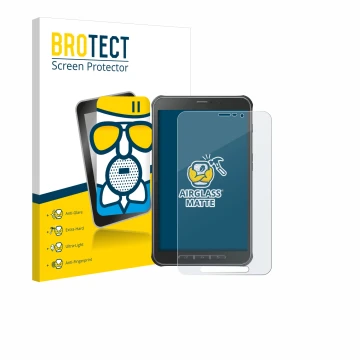 Face avant d’un emballage produit avec le logo de la marque BROTECT. À côté, l’appareil Samsung Galaxy Tab Active SM-T365 est 