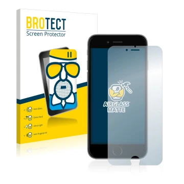Face avant d’un emballage produit avec le logo de la marque BROTECT. À côté, l’appareil Apple iPhone 6 Plus est représenté ave