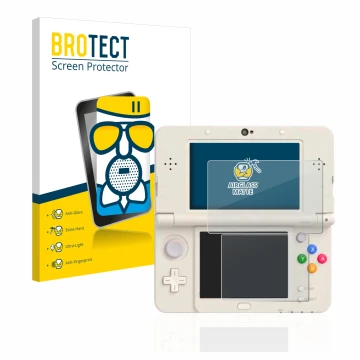 Face avant d’un emballage produit avec le logo de la marque BROTECT. À côté, l’appareil Nintendo New 3DS est représenté avec l