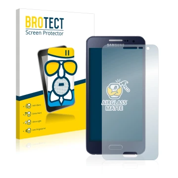 Face avant d’un emballage produit avec le logo de la marque BROTECT. À côté, l’appareil Samsung Galaxy A3 2015 est représenté 