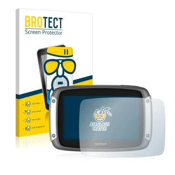 Face avant d’un emballage produit avec le logo de la marque BROTECT. À côté, l’appareil TomTom Rider 400 est représenté avec l