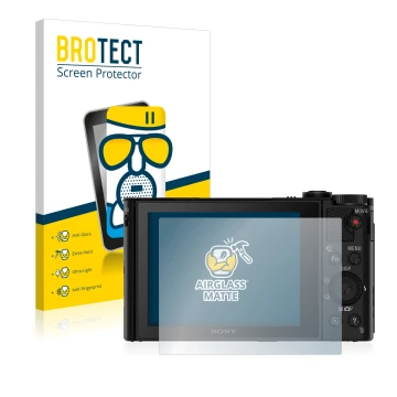 Face avant d’un emballage produit avec le logo de la marque BROTECT. À côté, l’appareil Sony Cyber-Shot DSC-HX90V est représen
