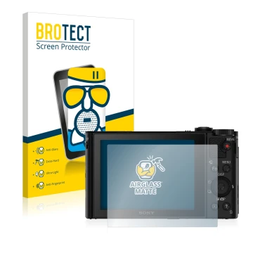 Face avant d’un emballage produit avec le logo de la marque BROTECT. À côté, l’appareil Sony Cyber-Shot DSC-WX500 est représen