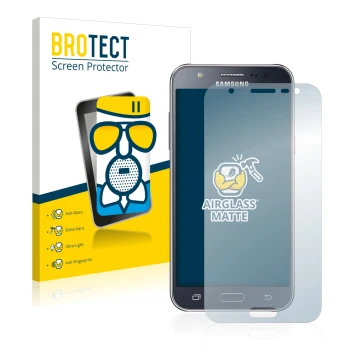 Face avant d’un emballage produit avec le logo de la marque BROTECT. À côté, l’appareil Samsung Galaxy J5 2015 est représenté 