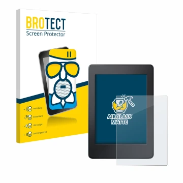 Face avant d’un emballage produit avec le logo de la marque BROTECT. À côté, l’appareil Amazon Kindle Paperwhite 2015 (7ème Ge