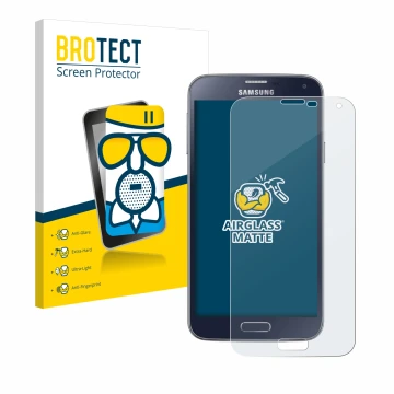 Face avant d’un emballage produit avec le logo de la marque BROTECT. À côté, l’appareil Samsung Galaxy S5 Neo est représenté a