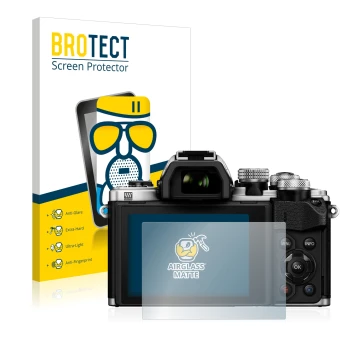 Face avant d’un emballage produit avec le logo de la marque BROTECT. À côté, l’appareil Olympus OM-D E-M10 Mark II est représe