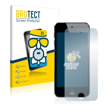 Face avant d’un emballage produit avec le logo de la marque BROTECT. À côté, l’appareil Apple iPod Touch (6ème Gen.) est repré