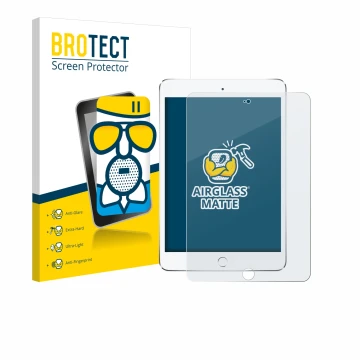 Face avant d’un emballage produit avec le logo de la marque BROTECT. À côté, l’appareil Apple iPad Mini 4 2015 est représenté 
