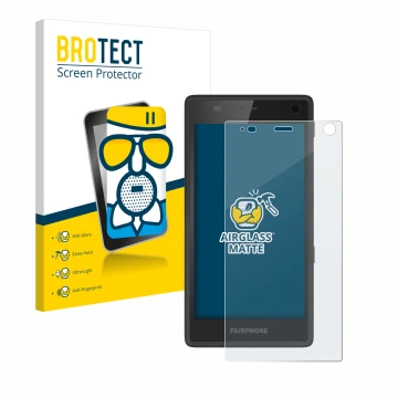 Face avant d’un emballage produit avec le logo de la marque BROTECT. À côté, l’appareil Fairphone 2 est représenté avec la pro